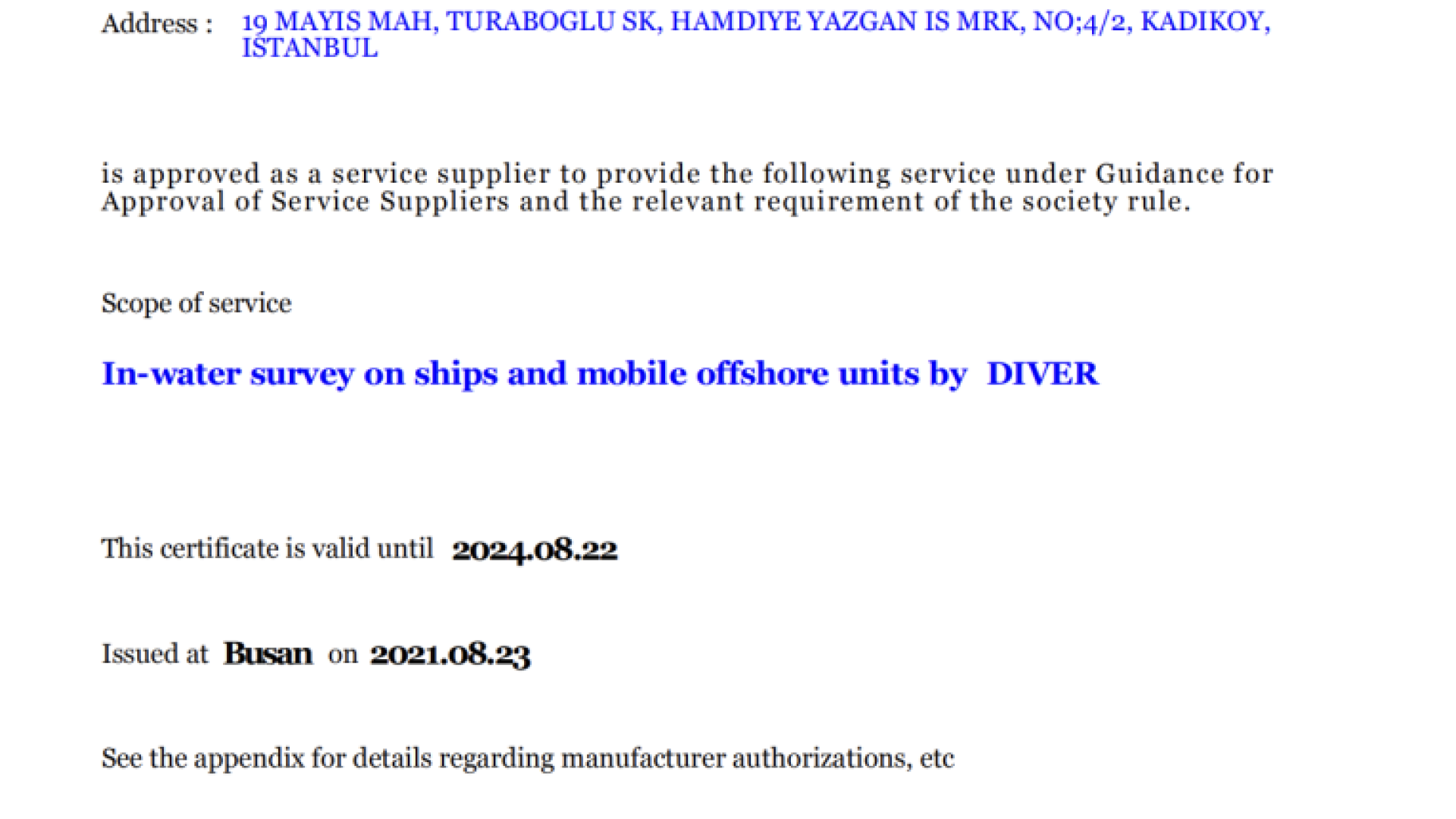 KR OF APPROVAL OF SERVICE SUPPLIER CERTIFICATE