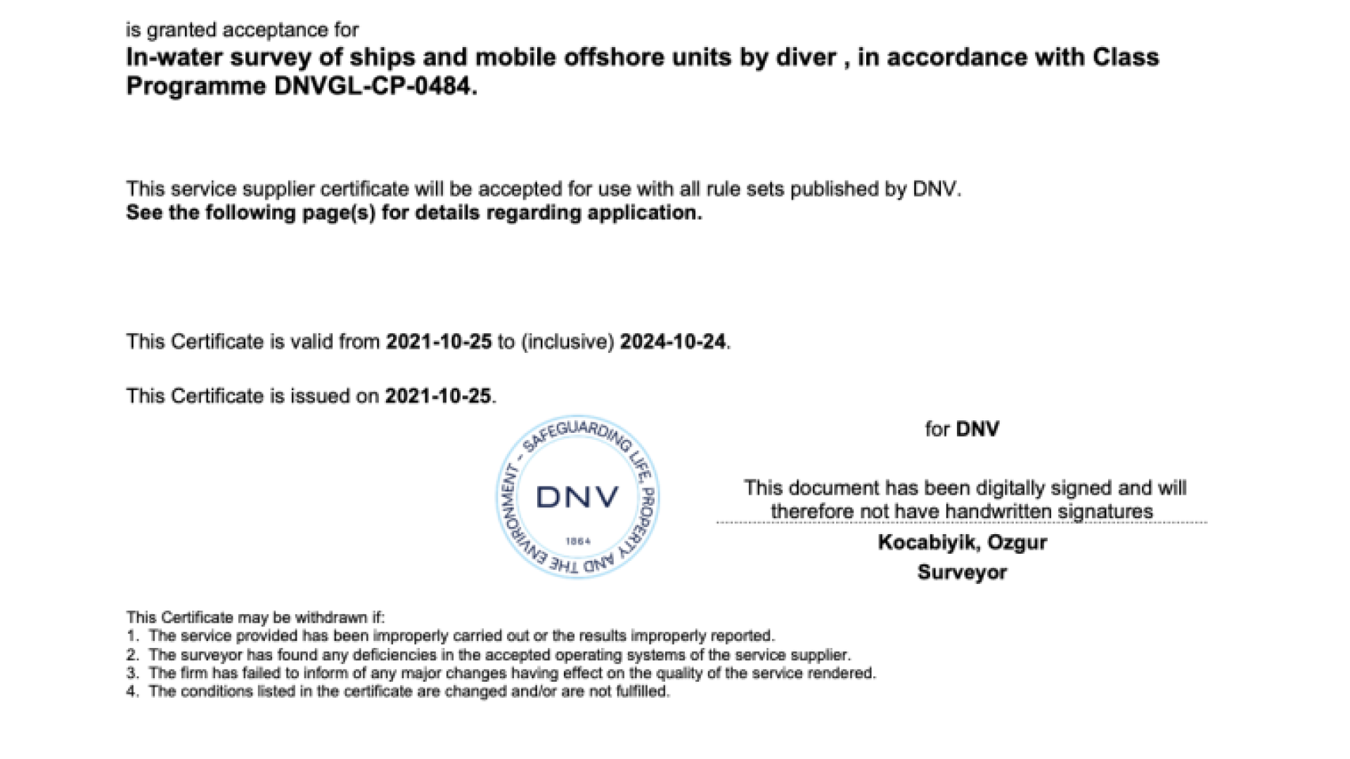 DNV Approval Of Service Suppliers Certificate